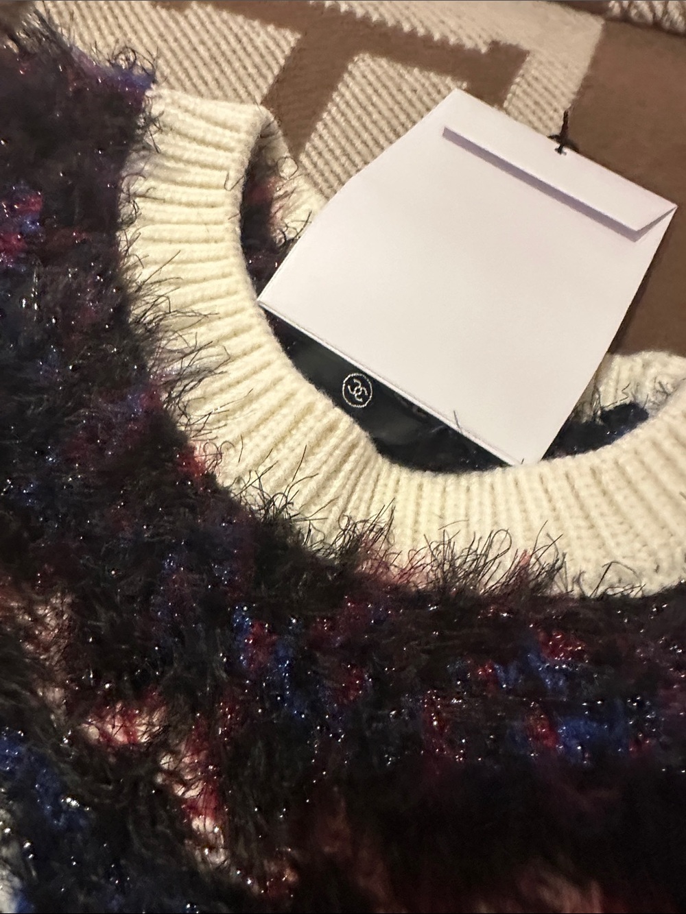 Cozy Cream Textured Knit Sweater with Multicolor Fuzzy Stripes